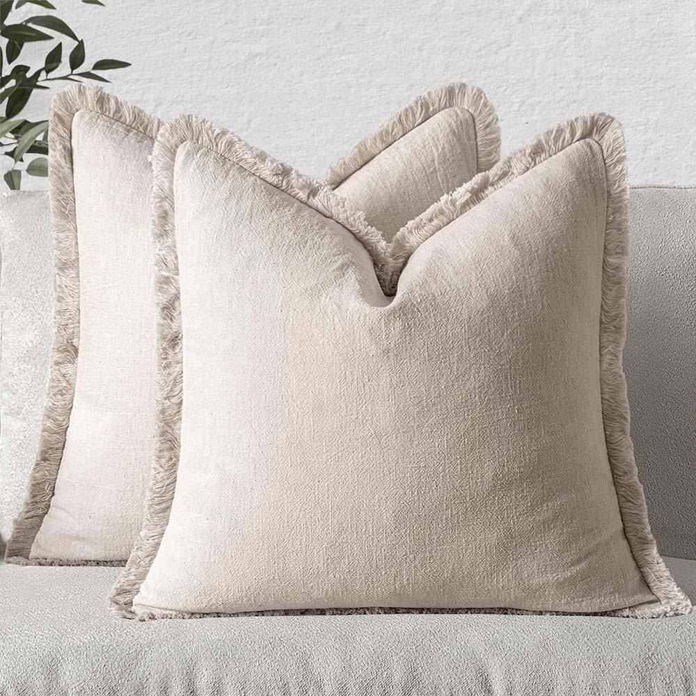 MIULEE Linen Pillow Covers Natural Decorative Throw Pillows With Fringe (Pack Of 2)