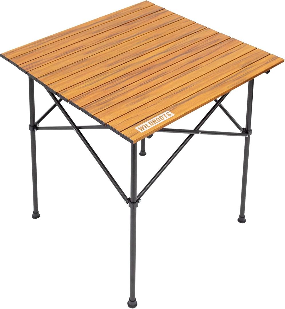 WILDROOTS Folding Camping Wood Grain Brown Table with Carry Bag, Lightweight Aluminum Table for Outdoor, Camping, Picnic, Cooking, Backyards, BBQ (L) (27.6*27.6*27.6in)