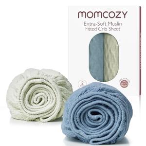Momcozy Muslin Fitted Mini Crib Sheets, 38"x26", 2 Pack Soft Breathable Natural Cotton Baby Mattress Sheet, 360 Mattress Wrapping No Slip Boys Girls Neutral Toddler Bed Sheet, Grey Blue