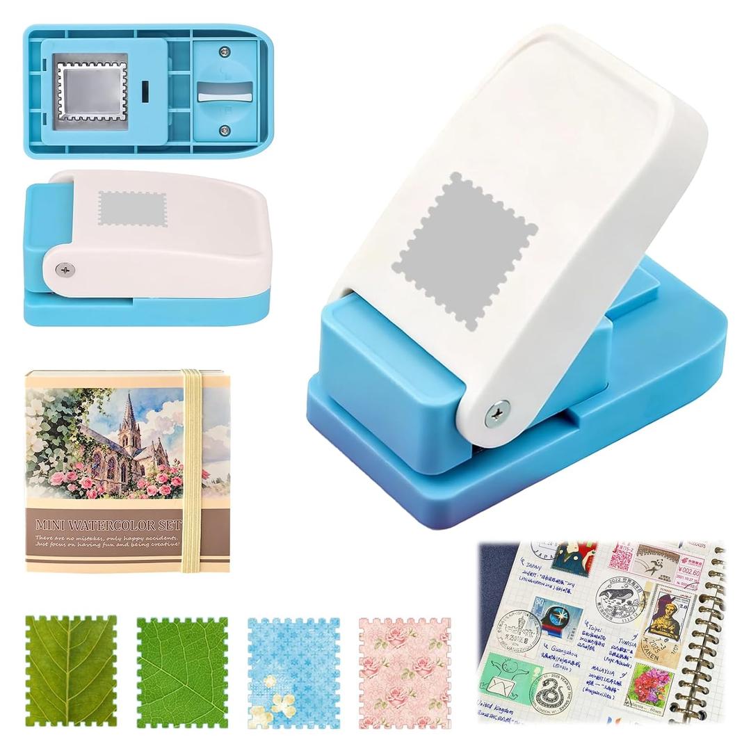 1X0.8 Inch Rectangular Stamp Puncher,Stamp Puncher with a Journal Notebook,Lever Action Paper Punch for Card Making, DIY Crafts, Postage Stamp Shaped Hole Punch for Gift Tags, Clean Cut & Easy Storage