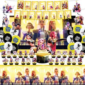 Demon Hunters Birthday Decorations, Party Supplies Set Include Banner, Backdrop, Balloons, Hanging Swirls, Cake Cupcake Toppers, Tablecloth for Boys Girls Kpop Theme Party