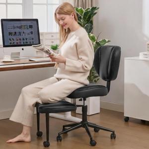 Criss Cross Office Chair with Wheels, Adjustable-Height Backrest & Swivel Footrest, Ergonomic Cross Legged Office Chair with Leg Rest for Kneeling Meditation Yoga ADHD (Black Leather)