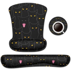 Wrist Rest Support Ergonomic Gel Mouse Pad & Memory Foam Keyboard Set Non-Slip Rubber PU Base Easy Typing and Relieve Wrist Pain Mouse Mat for Computer Office - Black Cats