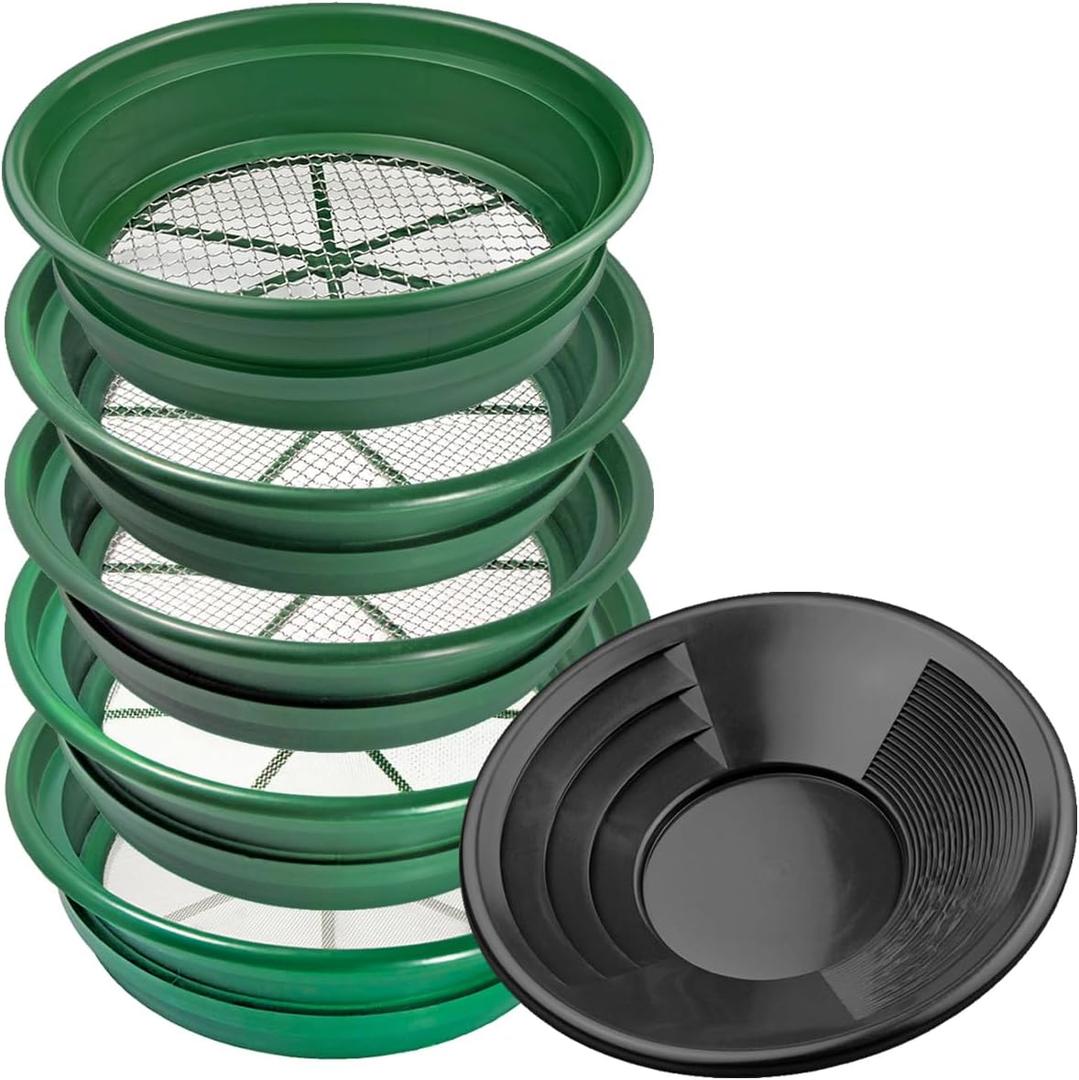 6 Piece Gold Panning Kit with Classifiers 1/2", 1/4", 1/8", 1/12", 1/20" Mesh Screens and 12" Gold Pan, Fits on Top of 5 Gallon Bucket