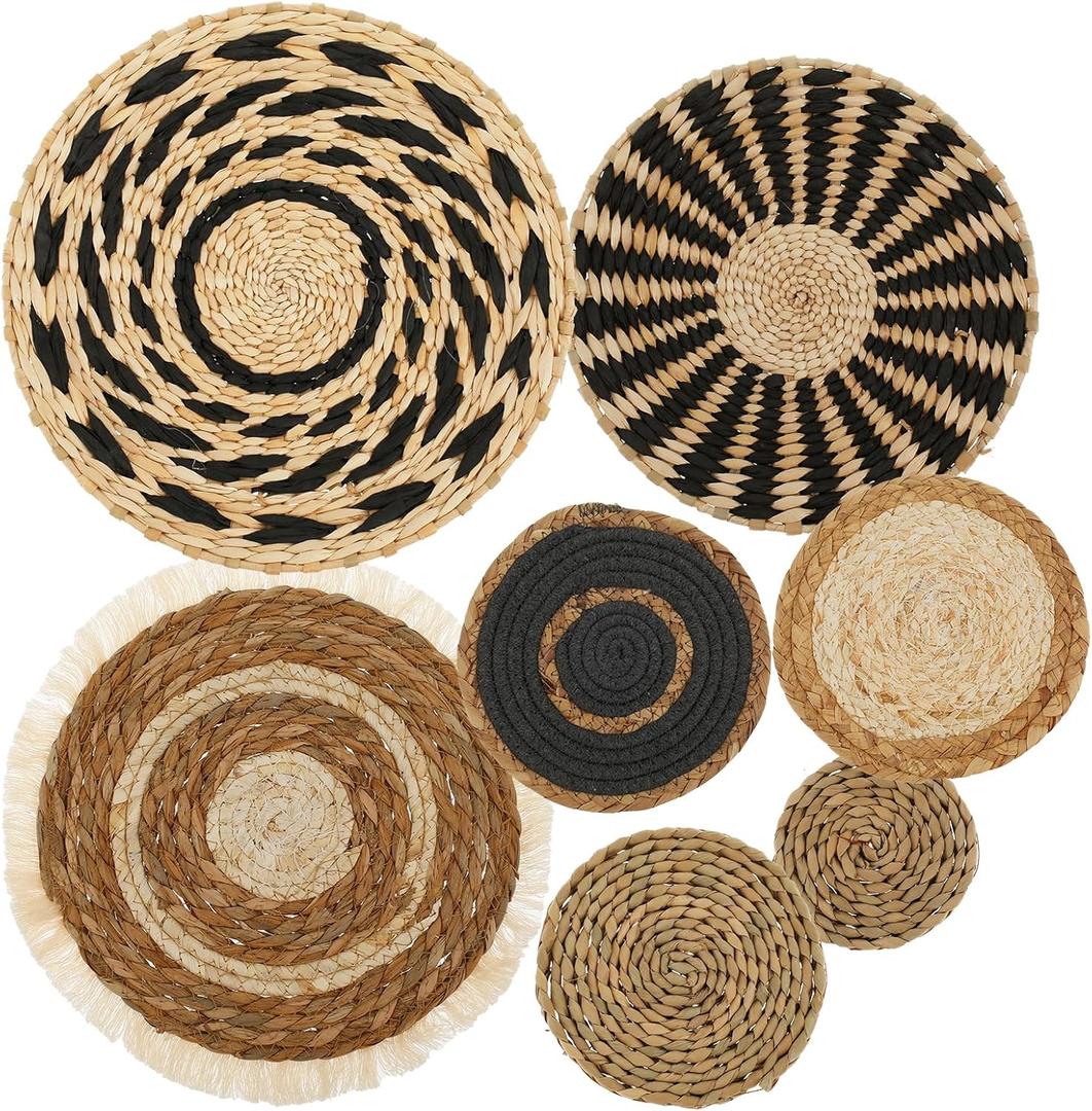 7 Pcs Boho Wall Basket Decor, Rattan Wicker Boho Wall Decor, Hanging Woven Basket Wall Decor, Round Handmade Wall Art for Living Room Bedroom Display Table Settings Home Christmas Decoration (Black)