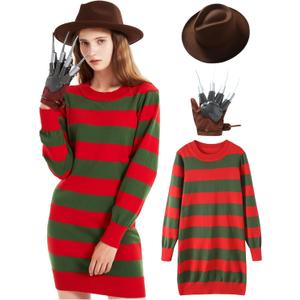 eforpretty Halloween Costume for Women Knitted Sweater Dress with Brown Hat and Leather Glove Set (Medium)