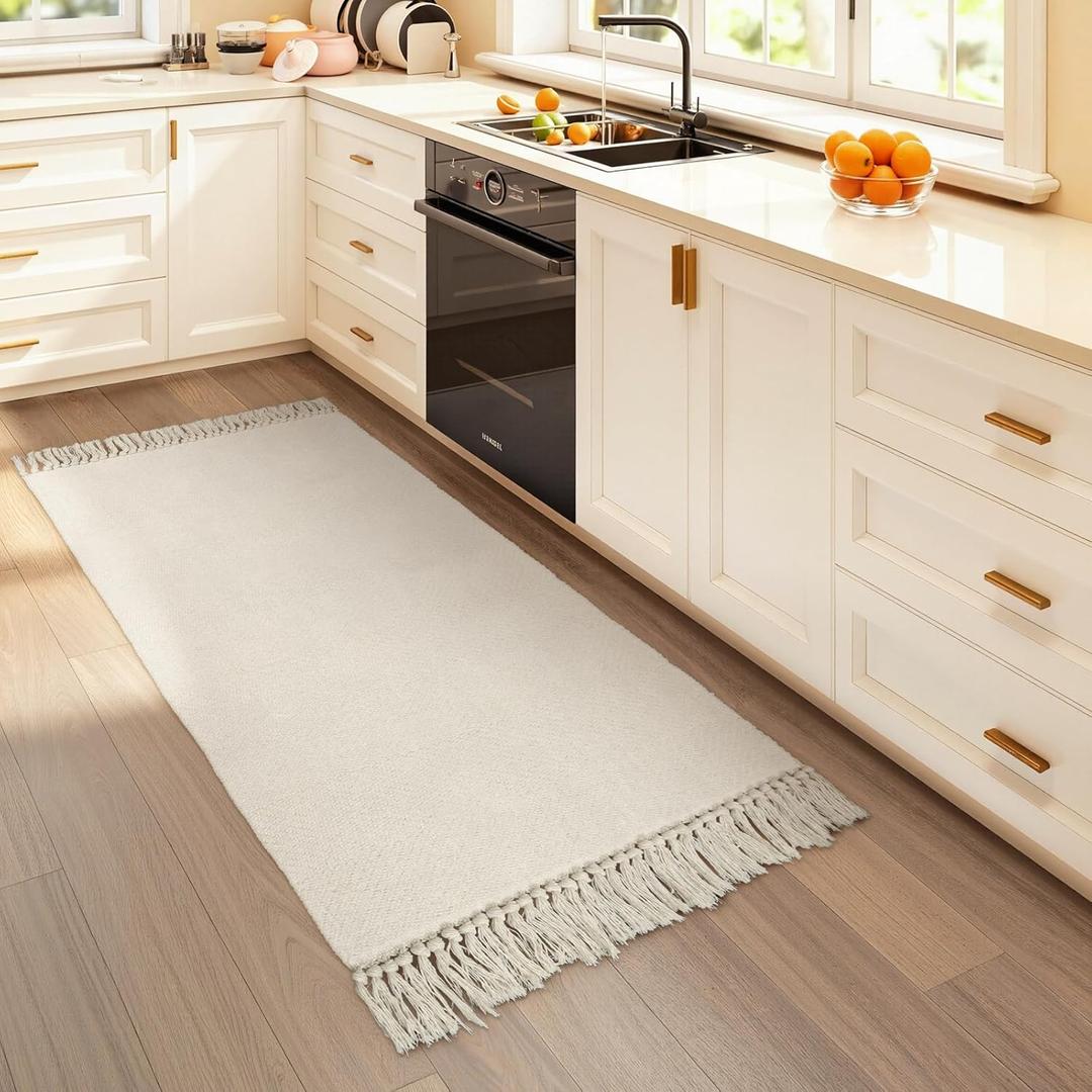 Collive Kitchen Runner Rug 2' x 4.3' ft, Washable Bathroom Rugs Non Slip Hand Woven Reversible Rug for Entryway, Modern Farmhouse Bedroom Carpet for Hallway Front Door Decor, White/Beige