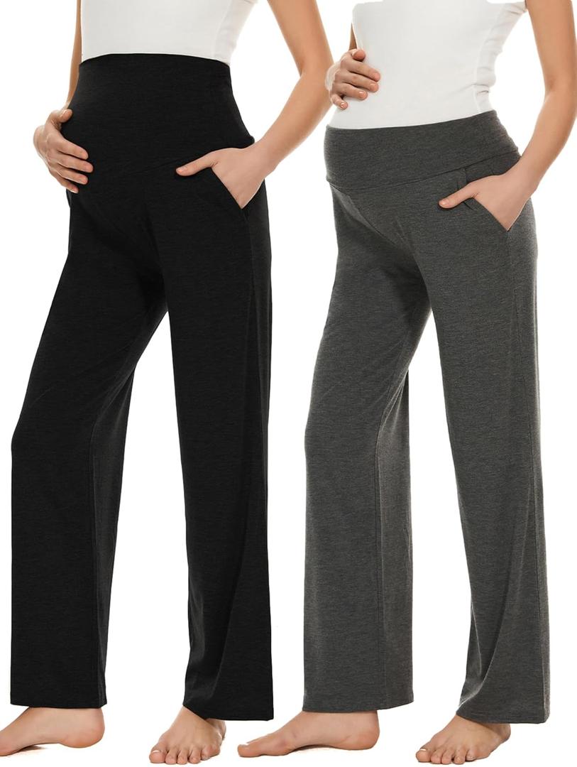 Ecavus Women's Maternity Wide/Straight Versatile Comfy Palazzo Lounge Pants Stretch Pregnancy Trousers with Pockets (X-Large)