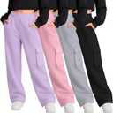 4 Pack Girl's Wide Leg Sweatpants with Cargo Pockets Baggy Elastic High Waist Pants Kids Casual Athletic 5-14Y (Light Purple, Pink, Light Heather Gray, Black)