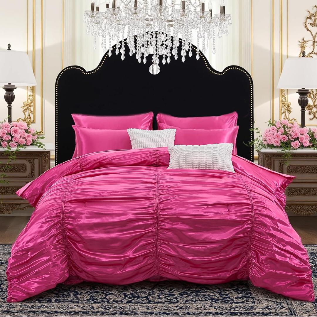 Bedorm Hot Pink Comforter Set 9 Pcs King Size Satin Bedding Set Pintuck Pinch Pleated Comforter Silky Ruched Bed in A Bag with Comforter, Flat Sheet, Fitted Sheet, Pillowcases & Cushion Cover