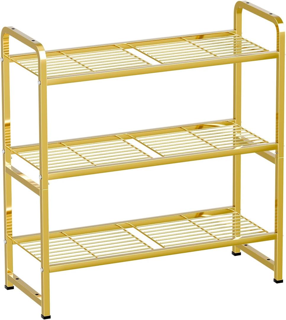 3 Tier 30" Wide Metal Wire Shelf, Stackable & Adjustable Gold Utility Shelves for Pantry, Garage, Closet Storage