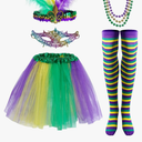 Yolyoo 7 Pieces Mardi Gras Costume Accessory Set Tutu Skirt, Faux Feather Half Mask,Mardi Gras Beads,Long Socks for Women and Girls Multicoloured