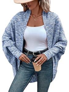 CHICME Cardigan Sweaters for Women Waffle Knit Coat Batwing Long Sleeve Open Front Long Cardigans Outerwear (Medium)