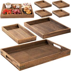 Yangbaga Rustic Wooden Serving Trays with Handle  Set of 7 Rectangular Platters for Entertaining, Breakfast, Coffee Table, Home Decor