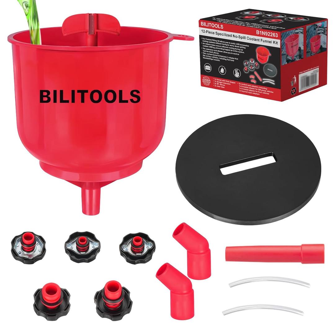 BILITOOLS No-Spill Coolant Funnel Kit - 12PCS Specialized Radiator Flush & Burping Funnel Kit with 5 Adapters, Compatible with GM & Ford, Leak-Proof & Air Bleeding Radiator Fill Funnel, Thickened Set