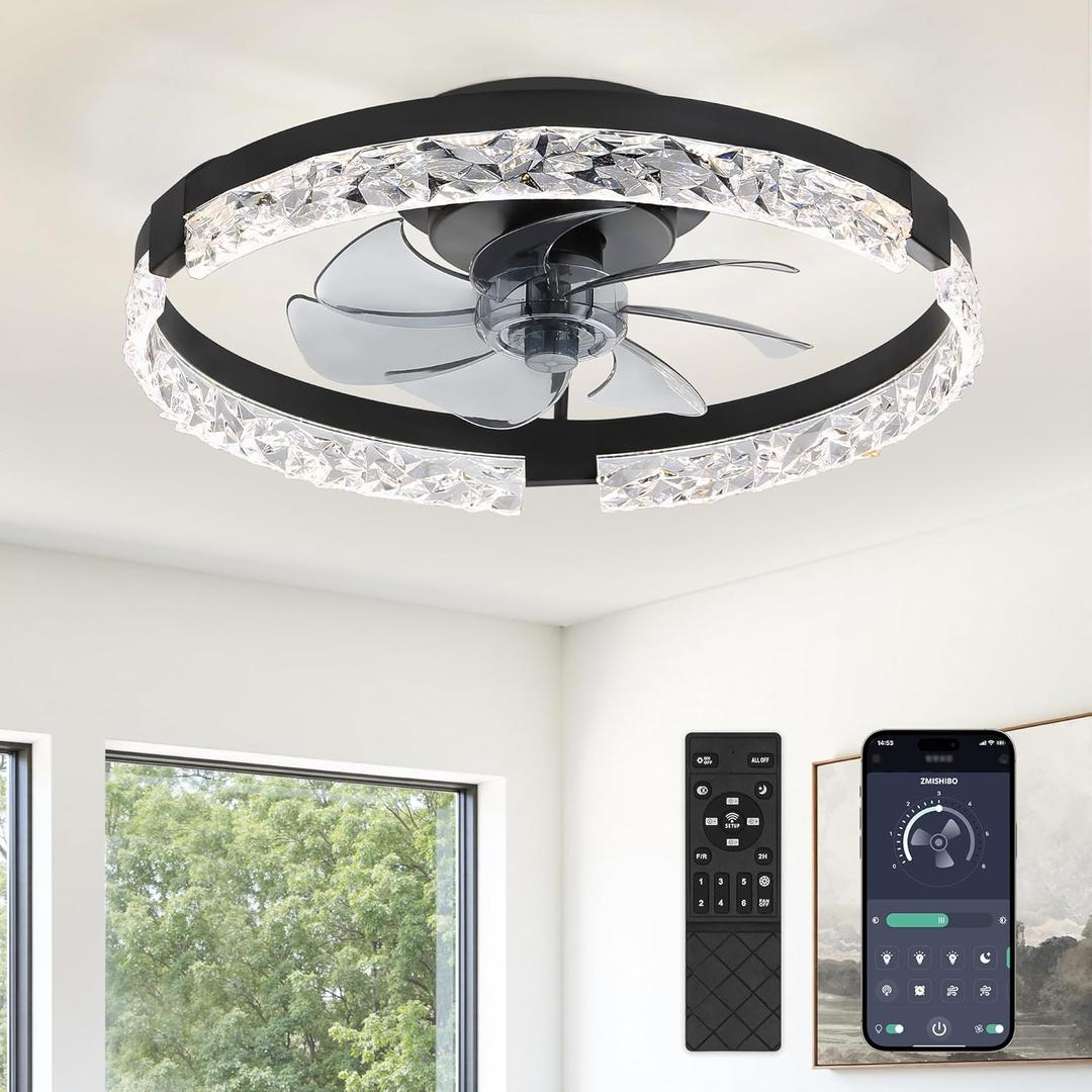 ZMISHIBO 19.7" Ceiling Fans with Lights, Low Profile Ceiling Fan and Remote, Flush Mount Ceiling Fans, Stepless Dimmable LED Light, Black Fixtures for Bedroom, Living Room