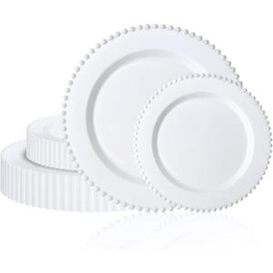 U-QE 60PCS White Plastic Plates - Fancy Beaded Plates Disposable Heavy Duty - Premium Hard Plastic Plates for Party, Wedding & Birthday Including 30 Dinner Plates 10" & 30 Dessert Plates 7"