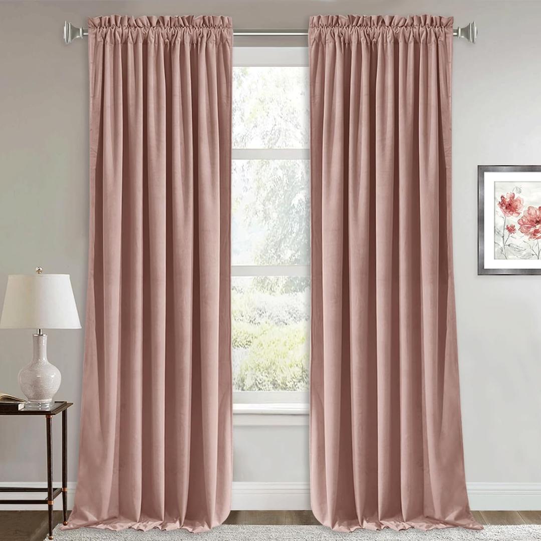 RYB Home Dusty Pink Velvet Curtains 84 inches - Cute Luxury Window Decor Super Soft Rod Pocket Thermal Insulted Drapes for Girls Bedroom Dormitory, W52 x L84, 2 Panels Set