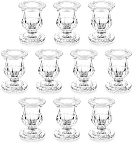 Romadedi Glass Taper Candle Holders - Set of Only 7 Clear Small Candlestick Holder Bulk, Thicker Glass Candle Sticks Set for Wedding Christmas Party Dining Table Table Centerpiece Decor