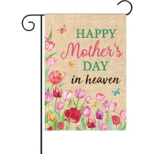 WATINC Happy Mother's Day in Heaven Garden Flag, Grave Decorations Double Sided 12 x 18 Inch Linen Flag, Memorial Tulip Floral Butterflies Farmhouse Yard Mom Mama Grandma Cemetery Decor for Grave