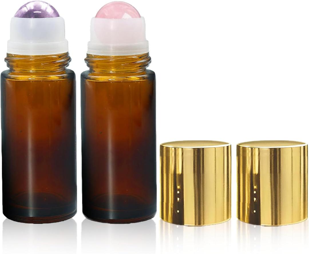 2 Pack 1.7oz Refillable Rose Quartz Amethyst Roller Bottles for Oils | Amber Glass Roll-On Bottles with Natural Roller Balls and Leak-Resistant Gold Caps for Perfumes,Essential Oils