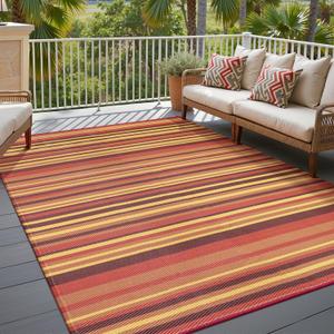 Outdoor Plastic Straw Rug Waterproof Patio 6x9 Red Orange Stripe Mat for Porch Camping RV Balcony Deck Courtyard Reversible Lightweight Durable Portable Carpet