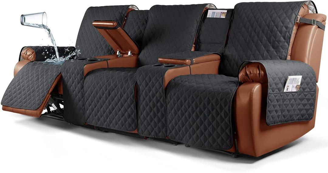 Ruaozz Waterproof Recliner Sofa Cover with Console Non-Slip Couch Covers for Reclining Couches Pet Cover for Double Recliner Sofa Cover with Elastic Straps for Kid Dogs Pets (Black, 3 Seater)
