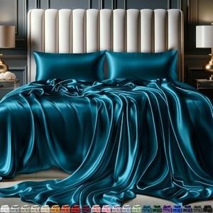 DECOLURE Satin Sheets King Size Set 4 Pcs - Silky & Luxuriously Soft Satin Bed Sheets w/ 15inch Deep Pocket - Similar to Silk Sheets - Double Stitching, Wrinkle Free (Sea Teal)