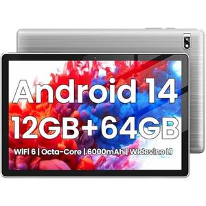 Tablet, 10.1 inch, Android 14 Tablets, Octa-Core, 12GB RAM + 64GB ROM (1TB Expand), 6000mAh Battery, 2.4G+5G Wi-Fi 6, 2MP+8MP Cameras, Bluetooth, 1280x800 FHD IPS (Gray)