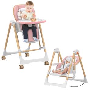 High Chairs for Babies and Toddlers, Baby Swings for Infants, Foldable High Chair with Wheels,5 Adjustable Height,4-Position Backrest, 3 Footrest Positions, Double Removable Tray(Pink), 29.9"D x 22"W x 37.79"H