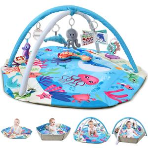 Baby Gym Play Mat, 8-in-1 Tummy Time Mat & Activity Gym, Washable Ball Pit, Infant Play Mat with Detachable Toys for Sensory Exploration and Motor Skill Development