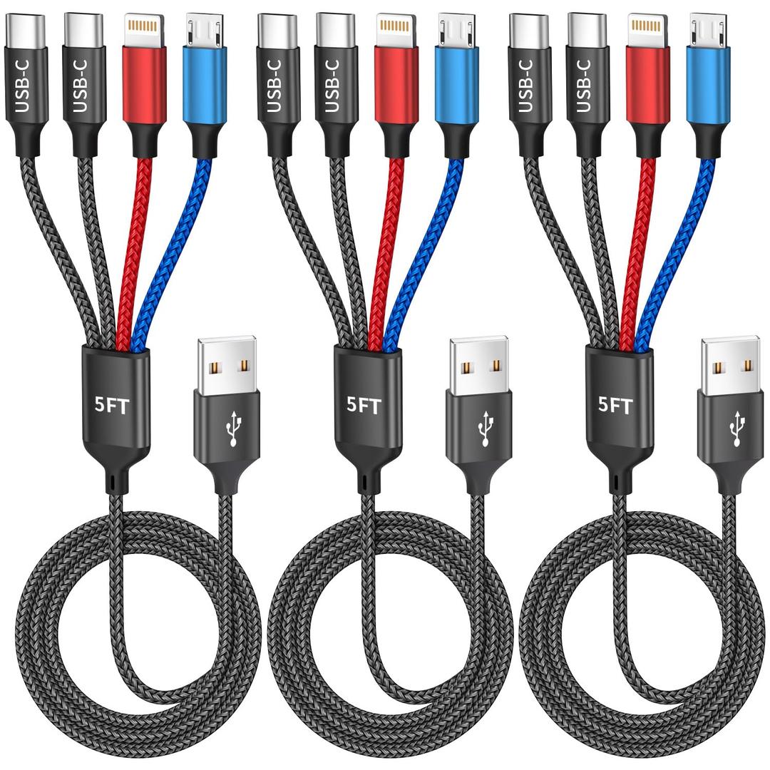 4 in 1 Multi Charging Cable, Charging Cords for Multiple Devices 3Pack 5FT