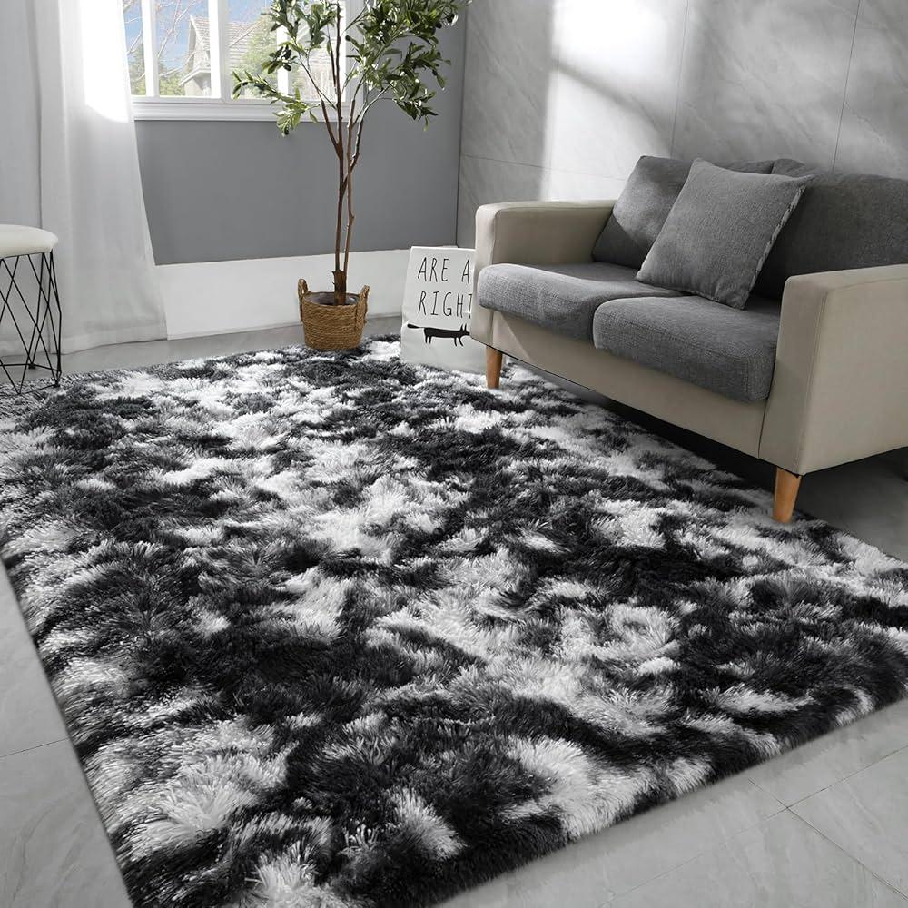 Hutha 5x8 Large Area Rugs for Living Room, Super Soft Fluffy Modern Bedroom Rug, Tie-Dyed Black White Indoor Shag Fuzzy Carpets for Girls Kids Nursery Room Home Decor