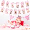 1st Birthday Baby Photo Banner for Newborn to 12 Months, Monthly Milestone Photograph Bunting Garland, Monthly Photo Banner for Baby Boys Girls First Birthday Party Celebration Decoration (Pink