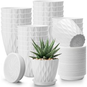 24 Pack 4 Inch Plant Pots Bulk Small Pots for Succulents Waffle Texture Plastic Planter with Drainage Holes and Saucers for Indoor Outdoor Plants Flowers, Seedlings (White)