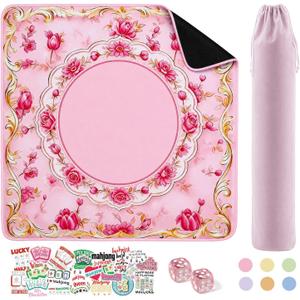 Pink Mahjong Mat for Table & 50PCS Stickers| Carrying Bag, Heavy Floral Mahjong Mats & 2 Dices, Noise Reduction Non Slip Foldable, 31.5x31.5 Game Table Cover, for Playing Card, Board Tile Games
