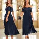 BeryLove Sequin Formal Wedding Guest Prom Party Dress Off Shoulder Cocktail Sparkly Midi Evening Dress (Black, S)