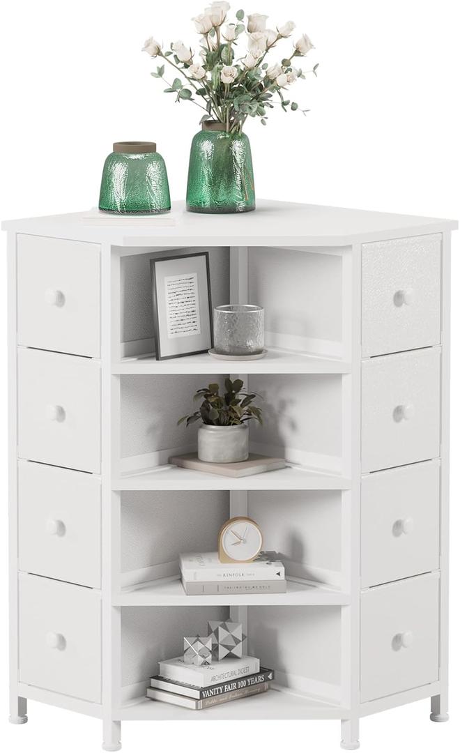 LUMTOK 8 Drawers Corner Dresser with Storage Fabric Drawers and Open Shelves for Small SpaceBedroomEntrywayLiving Room (White)