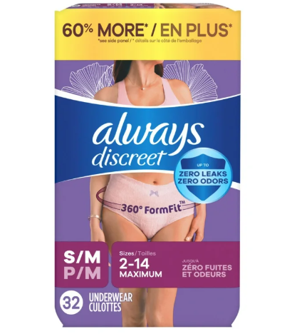Always Discreet Adult Incontinence Underwear for Women and Postpartum Underwear, Small/Medium, Up to 100% Bladder Leak Protection, 32 Count