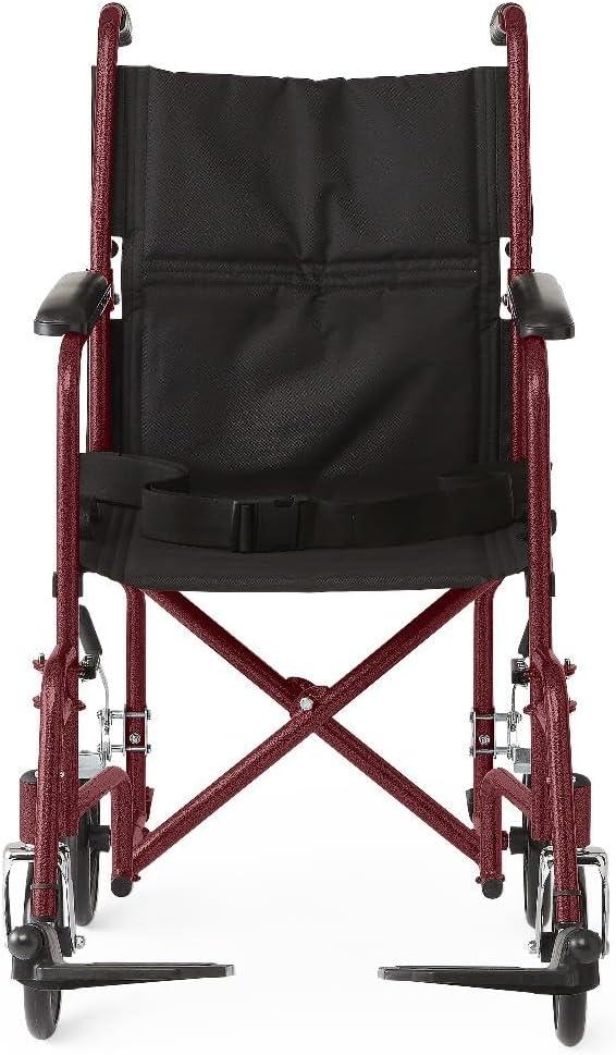 Medline Steel Transport Chair, Folding Transport Wheelchair, Removable Swing-Away Footrests, Full-Length Armrests, 17" Seat, 250 lb. Capacity, Red