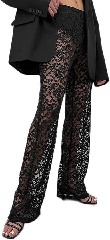 Women Floral Lace Sheer Mesh Pants See Through Straight Leg Pants Hollow Out Trousers Cover Up Y2k XL