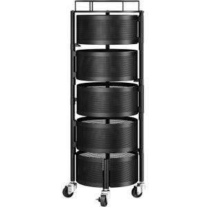Rolling Drawer Storage Cart with 360 Rotating Open-Drawer Design, 5-Tier Metal Utility Cart with Round Storage Drawer for Kitchen, Bathroom, Laundry Room (Black)