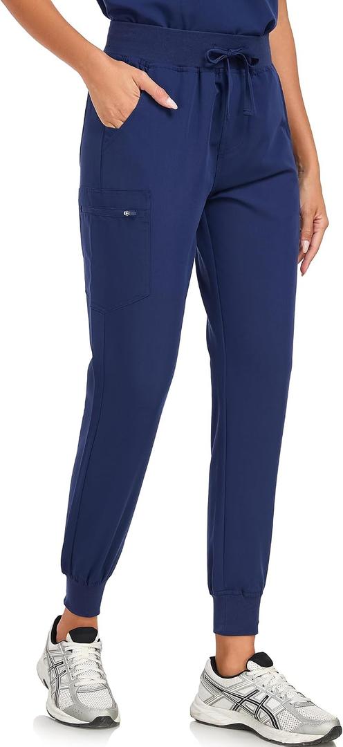 VECARDI Womens Scrub Jogger Pants High Waisted 4 Way Stretch Zipper Pocket (Blue, L)
