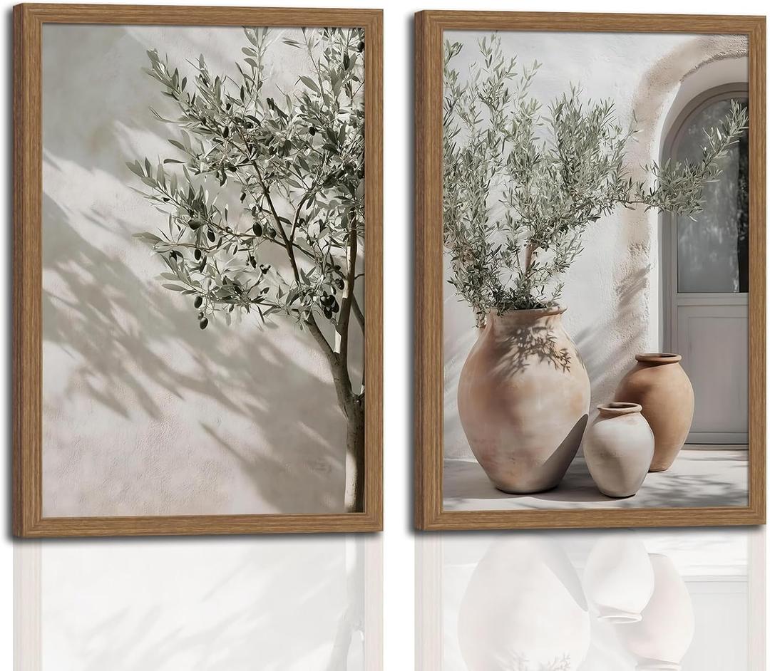 Mediterranean Wall Art Set of 2 with Wooden Frame Olive Tree and Pottery Prints, Neutral Botanical Mediterranean Painting, Framed Picture Wall Decor 16x24 Inch