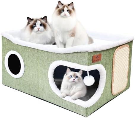 Extra Large Cat Beds for Indoor Cats, Covered Cat Cave Beds & Furniture with Scratch Pad and Fluffy Ball, Foldable Condo Hideaway with Reversible Cushion for Multi Small Pet Large Kittens, Green