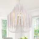 TOCHIC Modern Farmhouse Chandelier for Dining Room 21", Small Vintage White Wood Chandeliers Light for Living Room, Rustic Pendant Lighting Fixture Ceiling Hanging for Foyer Bedroom Entryway
