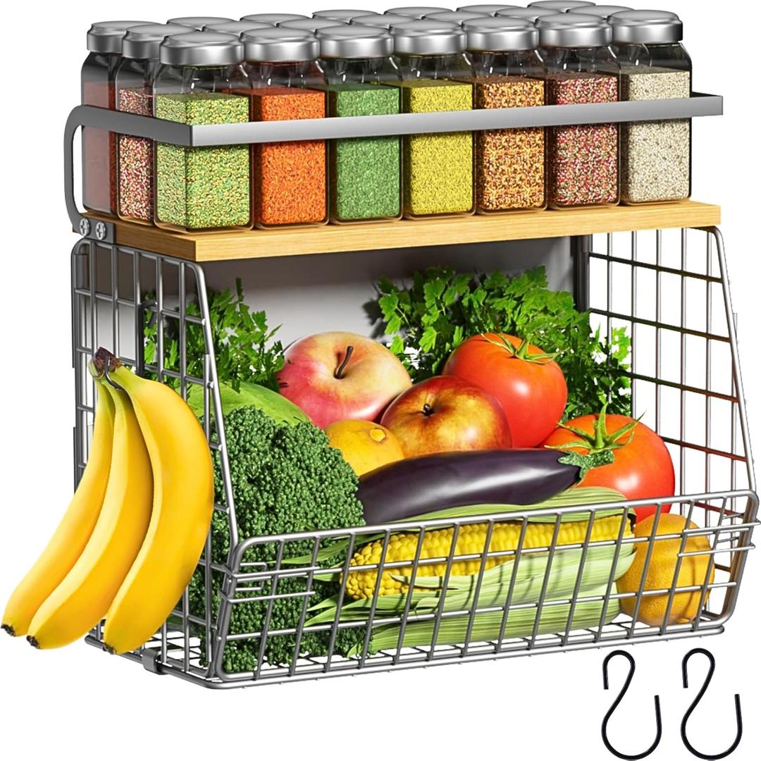 Magnetic Shelf for Fridge with Wood Lid, Fruit Potato and Onion Storage Bins, Pantry Organizers & Storage, Large Container Magnetic Spice Rack for Refrigerator, Kitchen Counter, Cabinet (1, Silver)