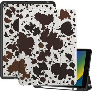 Deokke Compatible with iPad 10.2 inch Case,9th /8th /7th Generation Case(2021/2020/2019) with Pencil Holder Soft TPU Back Auto Sleep/Wake Cover,Cute Aesthetic for Girls Women-Cowhide Cow