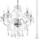 Plug-in 5 Light Crystal Hanging Pendant Lights Acrylic Chandelier with Clear Cord & On/Off Switch H19 D19.7 for Kitchen Island Girls' Room Dining Area Laundry Pavilion.