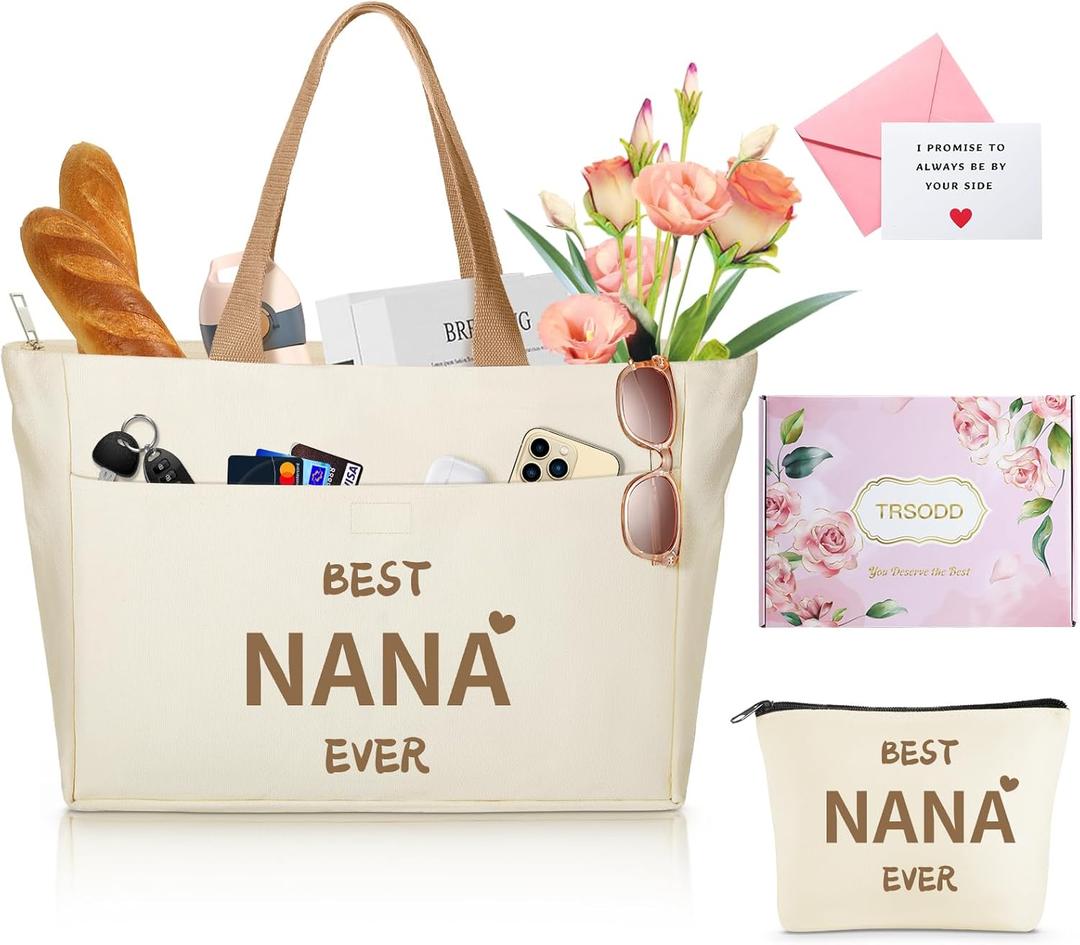 2 x TRSODD Mothers Day Gifts for Nana Personalized Best Nana Birthday Gifts for Women Tote Bag and Makeup Bag Set